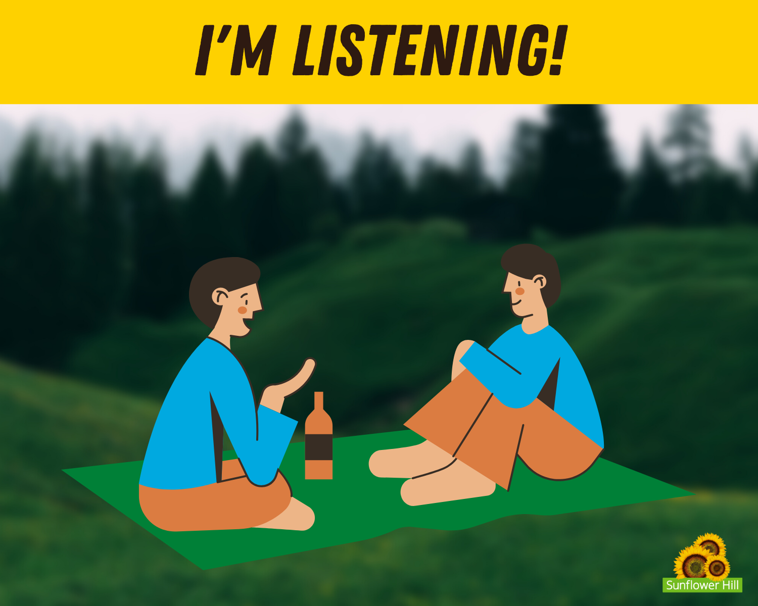 Graphic of two people sitting on picnic blanket with caption: I'm listening