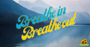 Lake with mountains in the background. Text overlay: breathe in, breathe out