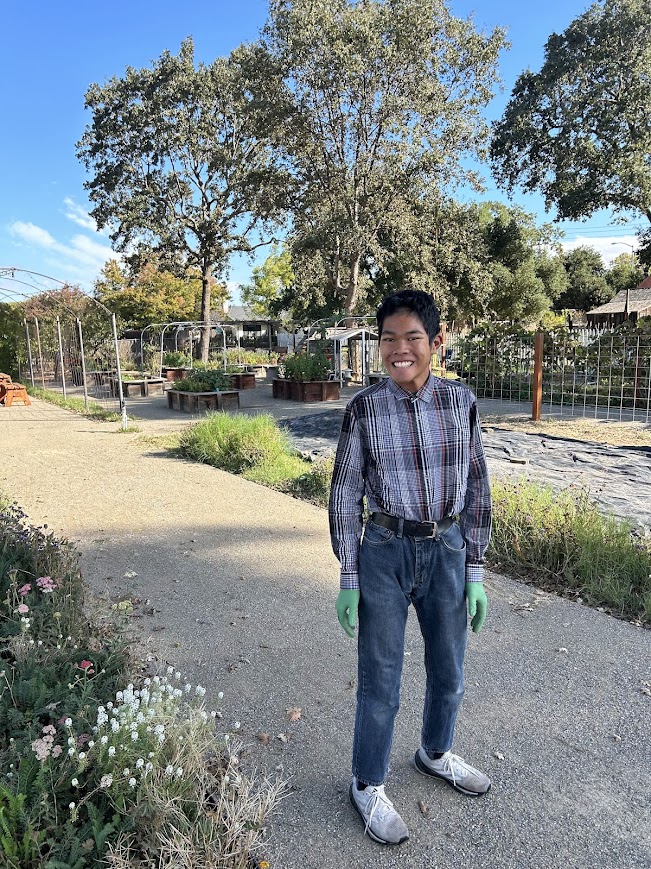 Participant on new accessible garden pathway