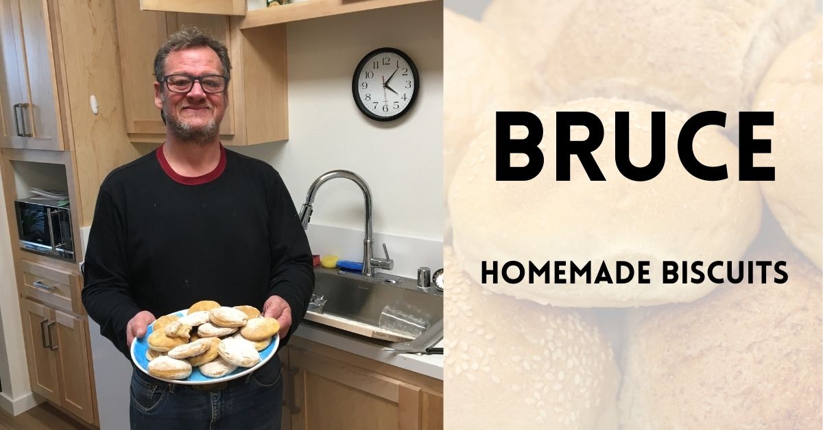 Bruce holding a plate of homemade biscuits
