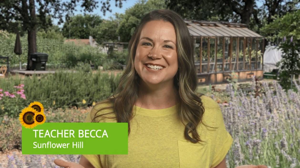 Teacher Becca with Sunflower Hill Garden in background