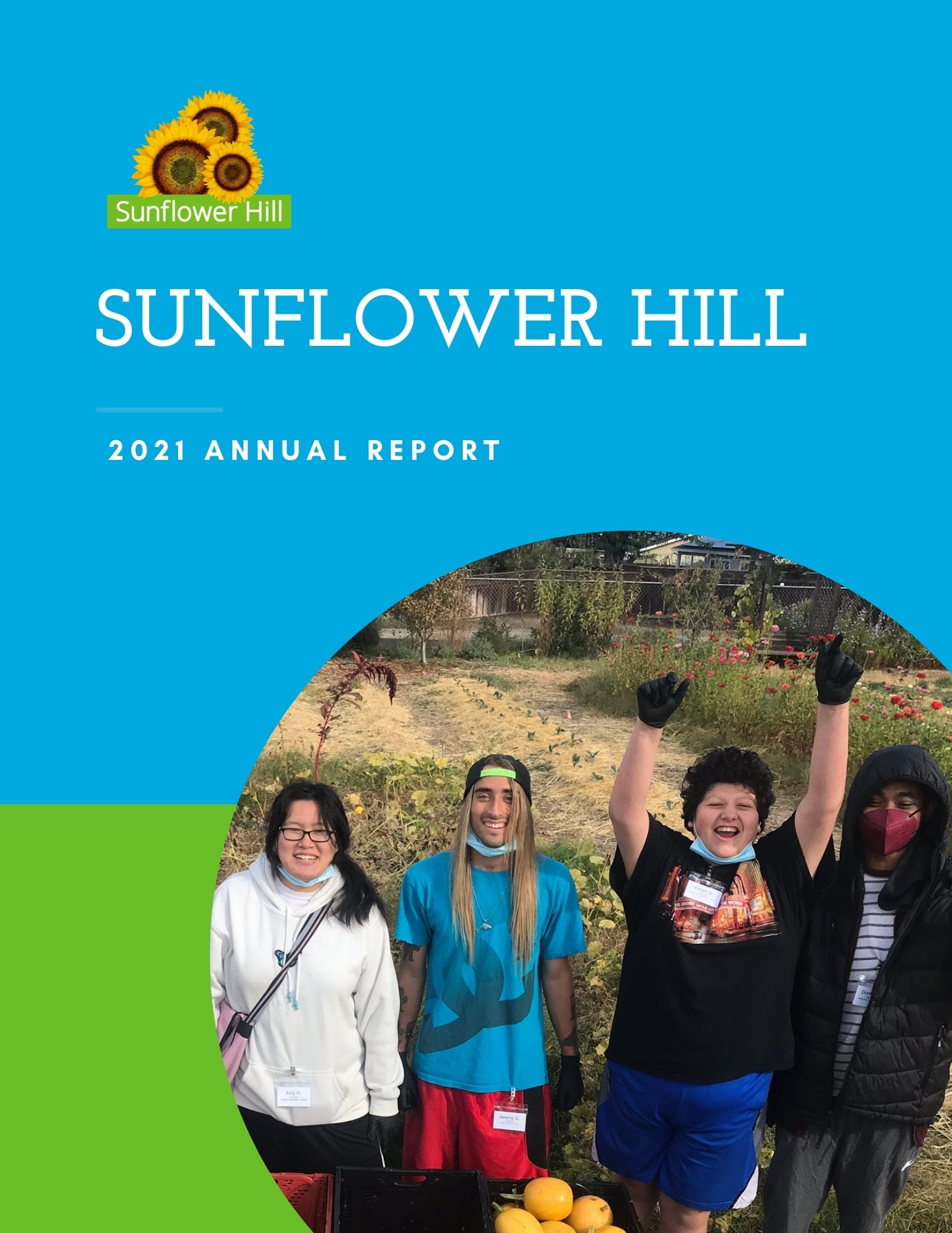 Image of 4 program participants in garden smiling with spaghetti squash they harvested. 