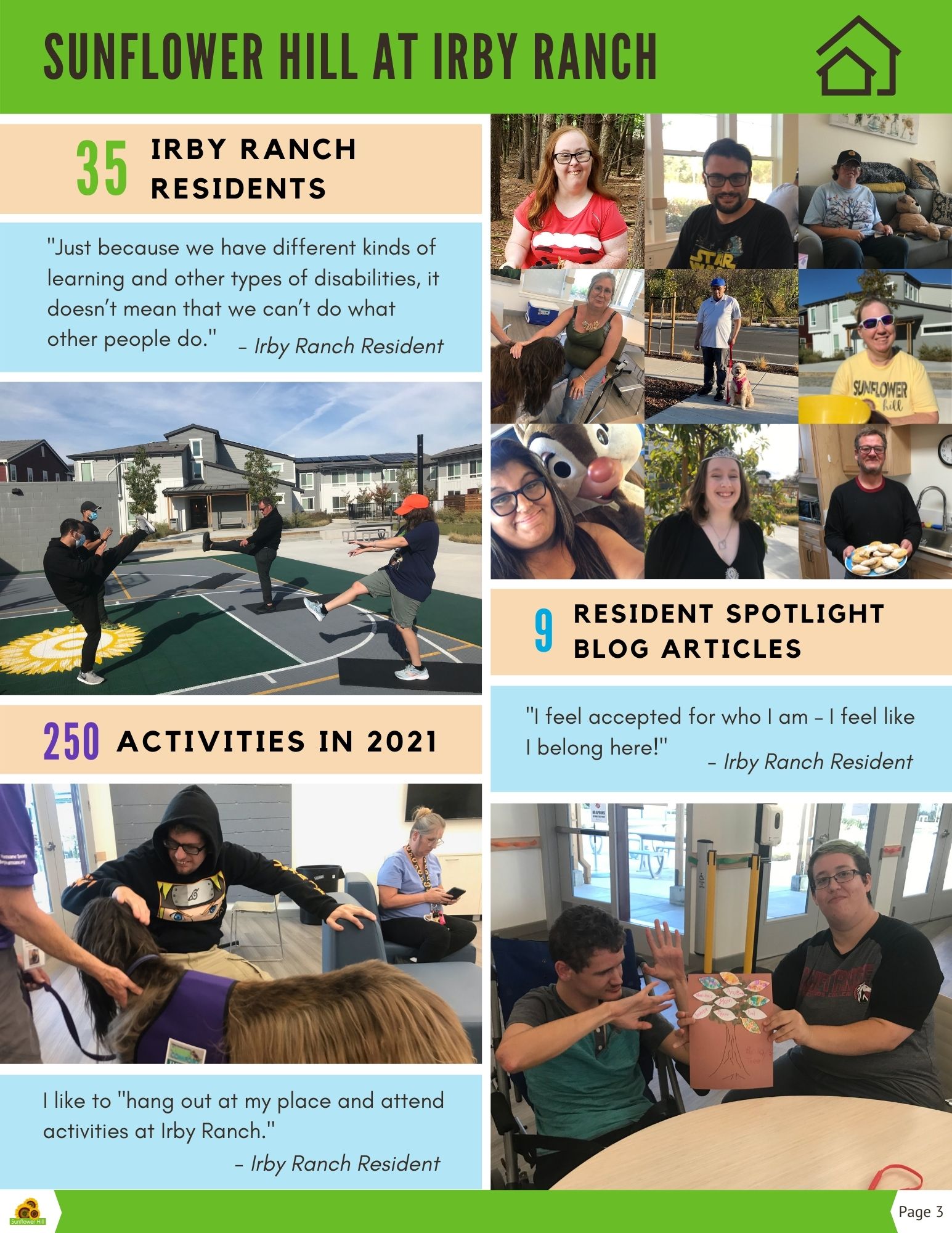 Images of Irby Ranch residents exercising, showing off their baked goods, with dogs, in their apartments, doing art activities.