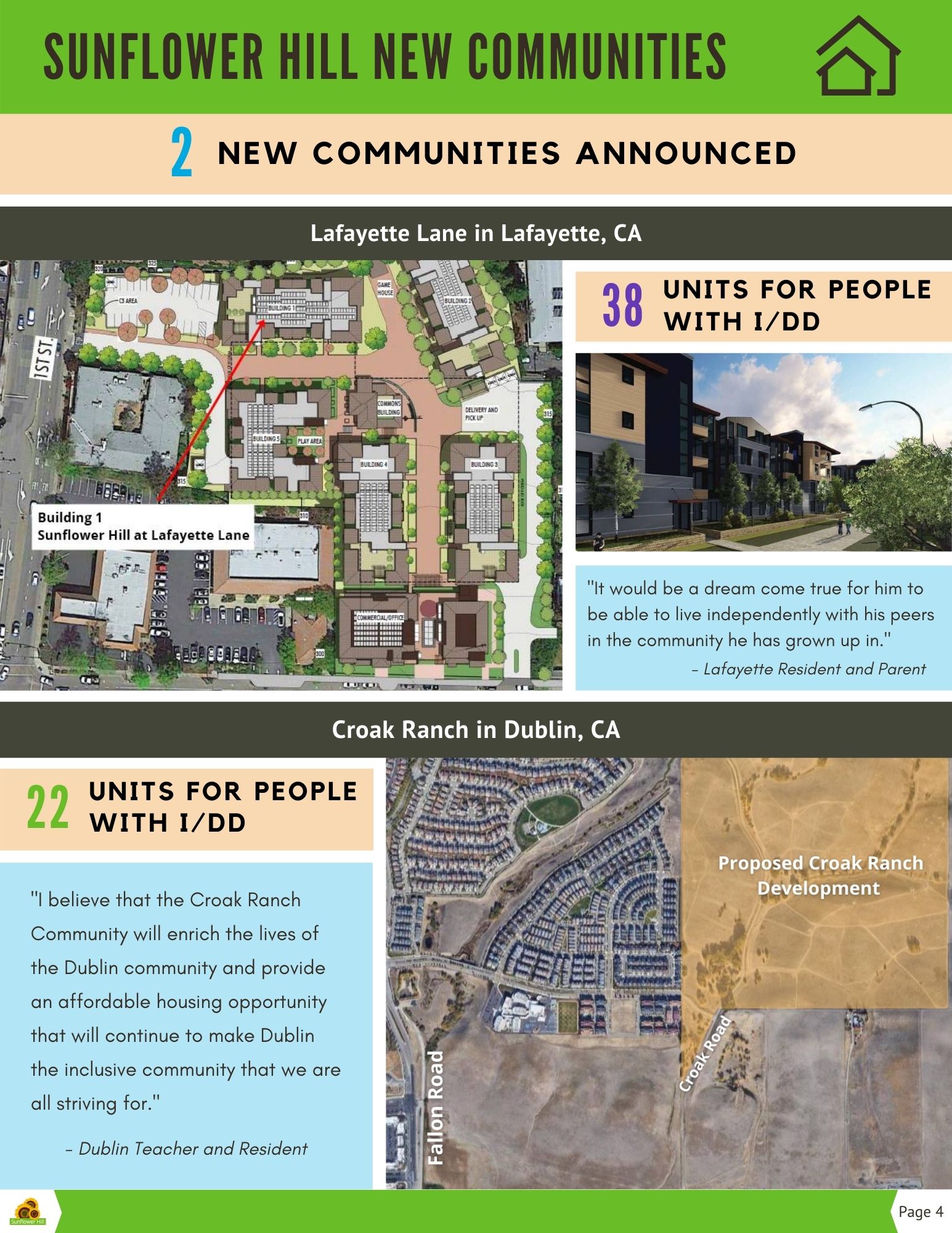 Images of architectural drawing of Lafayette Lane community and buildings. Image of map showing area in Dublin where Croak Ranch is proposed to be.