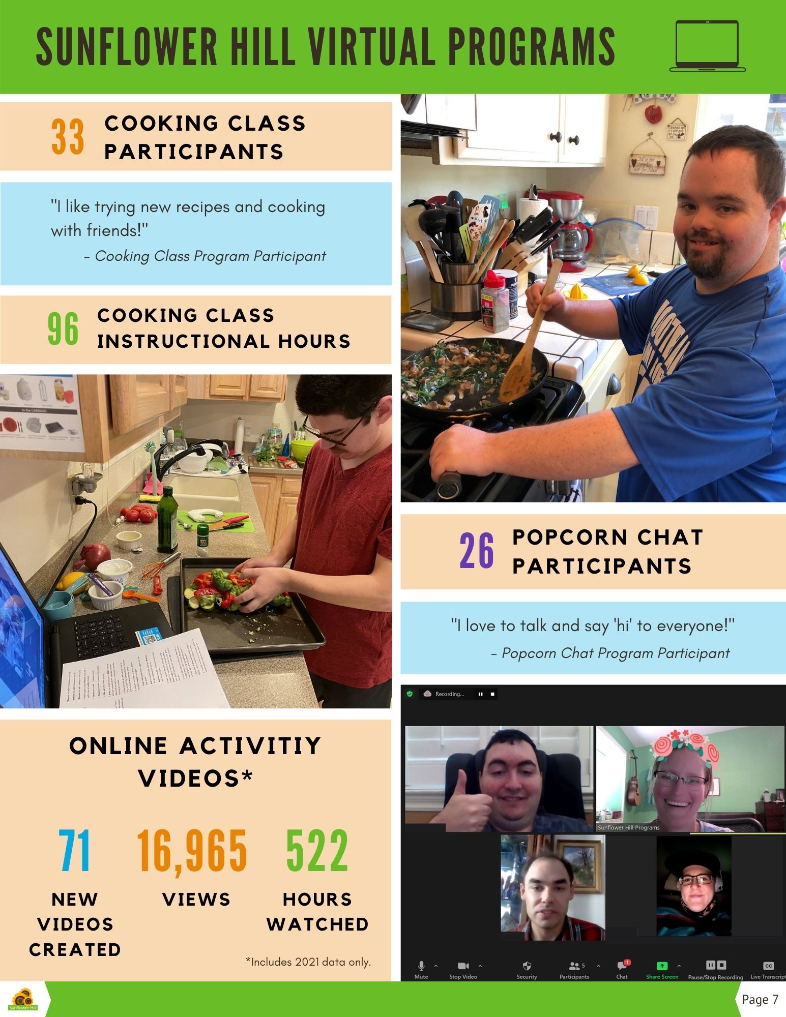 Image of cooking class participant at stove making stir fry, cooking class participant mixing veggies on a sheet pan, zoom view of popcorn chat participants